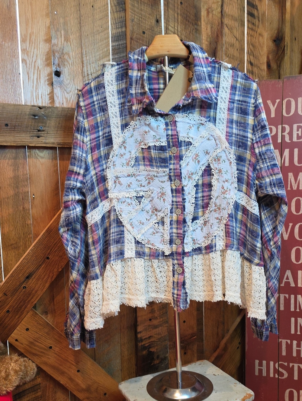 092p POL Plaid Lace Trim Peace Button-Up Shirt in Blue, Red, Cream
